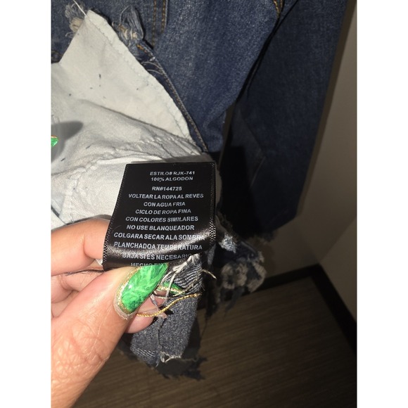 American Bazi Denim Blue Jean Jacket Distressed Long Length With Pockets Size M - Picture 7 of 8